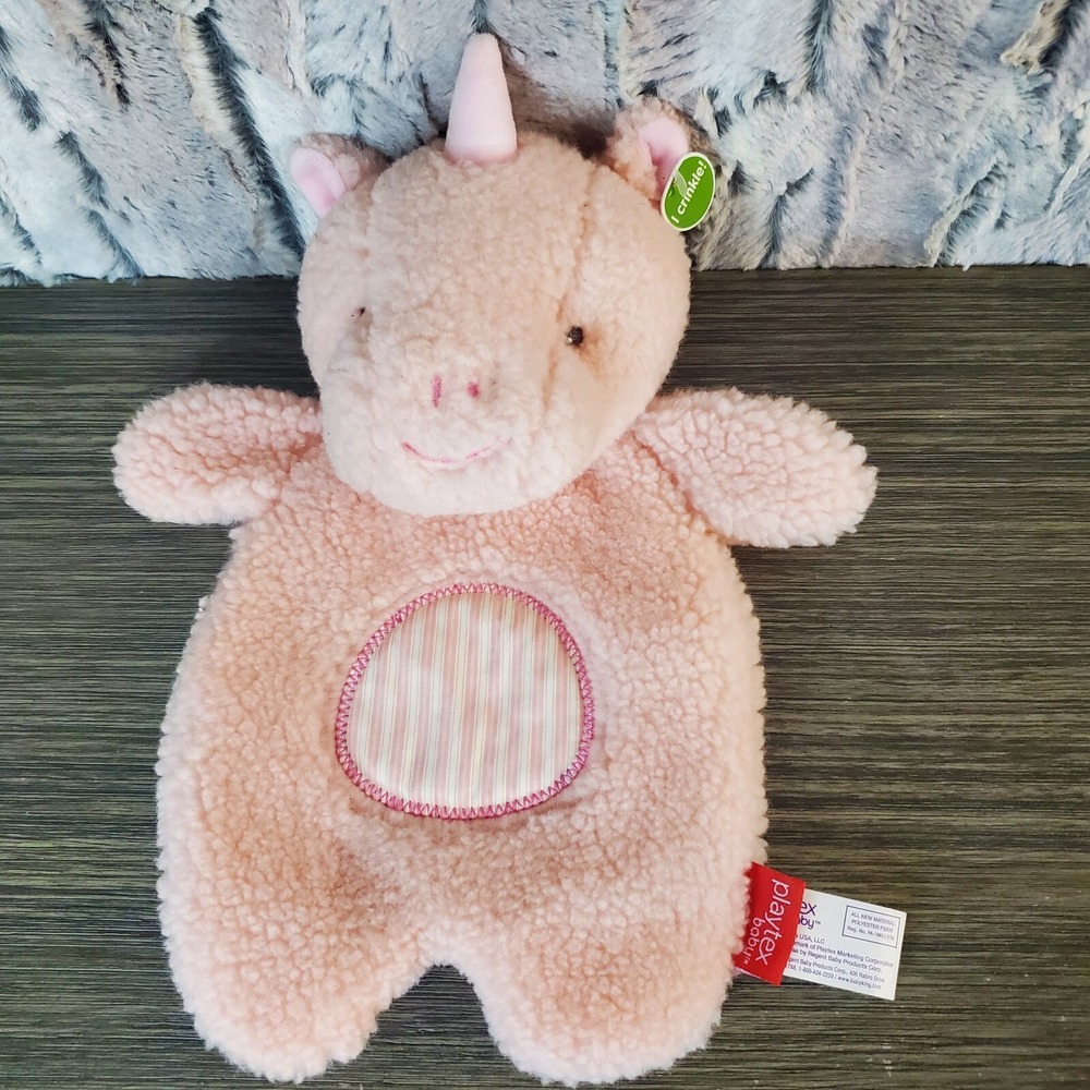 Playtex Baby Pink Unicorn Crinkle Lovey Rattle Flat Plush Sherpa Textured Belly